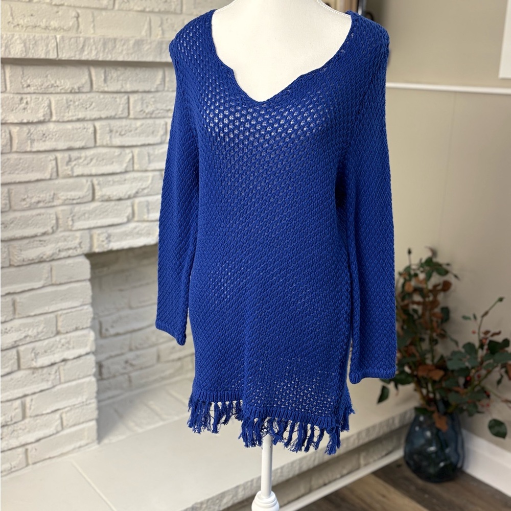 Bright Royal Blue Open Knit Fringe Tunic Sweater Size Large NWT